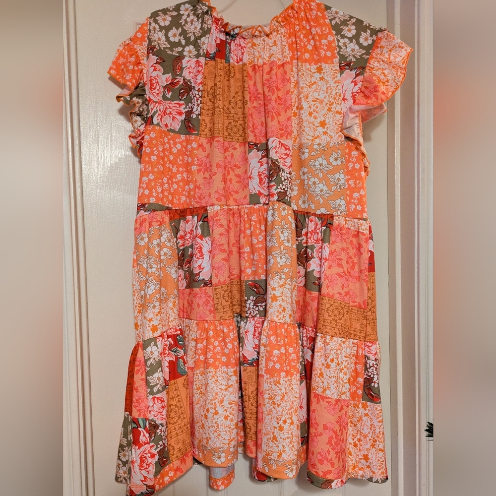 Sunshine & Rodeos Floral Patchwork Women's Top- Orange and Brown NWOT